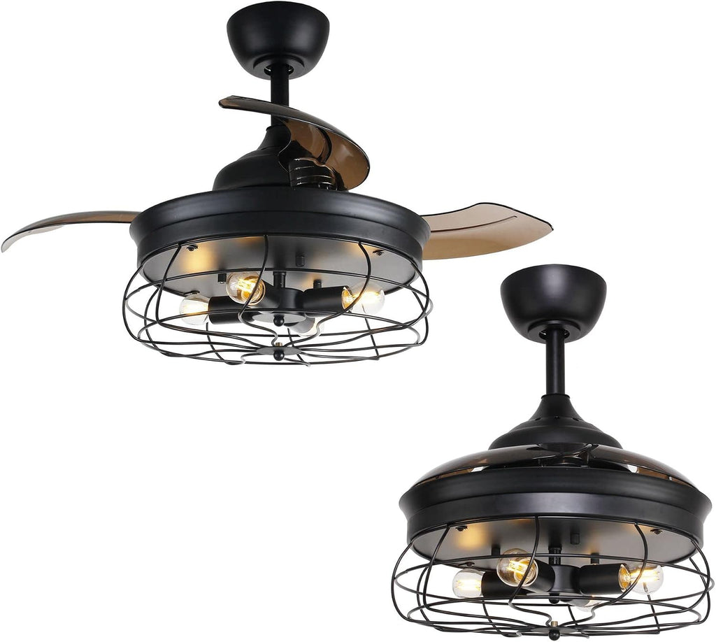 Parrot Uncle Ceiling Fans with Lights and Remote Black Bedroom Ceiling Fan with Light and Retractable Blades, 36 Inch