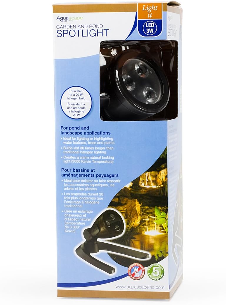 Aquascape 3-Watt Submersible Underwater Warm White LED Spotlight for Ponds, Water Features & Landscape Lighting, 84033