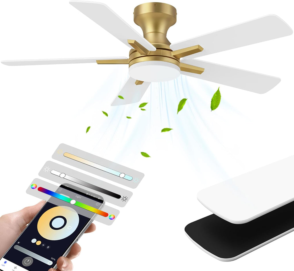 42 Inch Ceiling Fans with lights,RGB Low Profile Ceiling Fan with Light and Remote Control,Modern Flush Mount Ceiling Fans for Bedroom,Patio,Porch,Outdoor Indoor Use,in Black White and Gold,Quiet