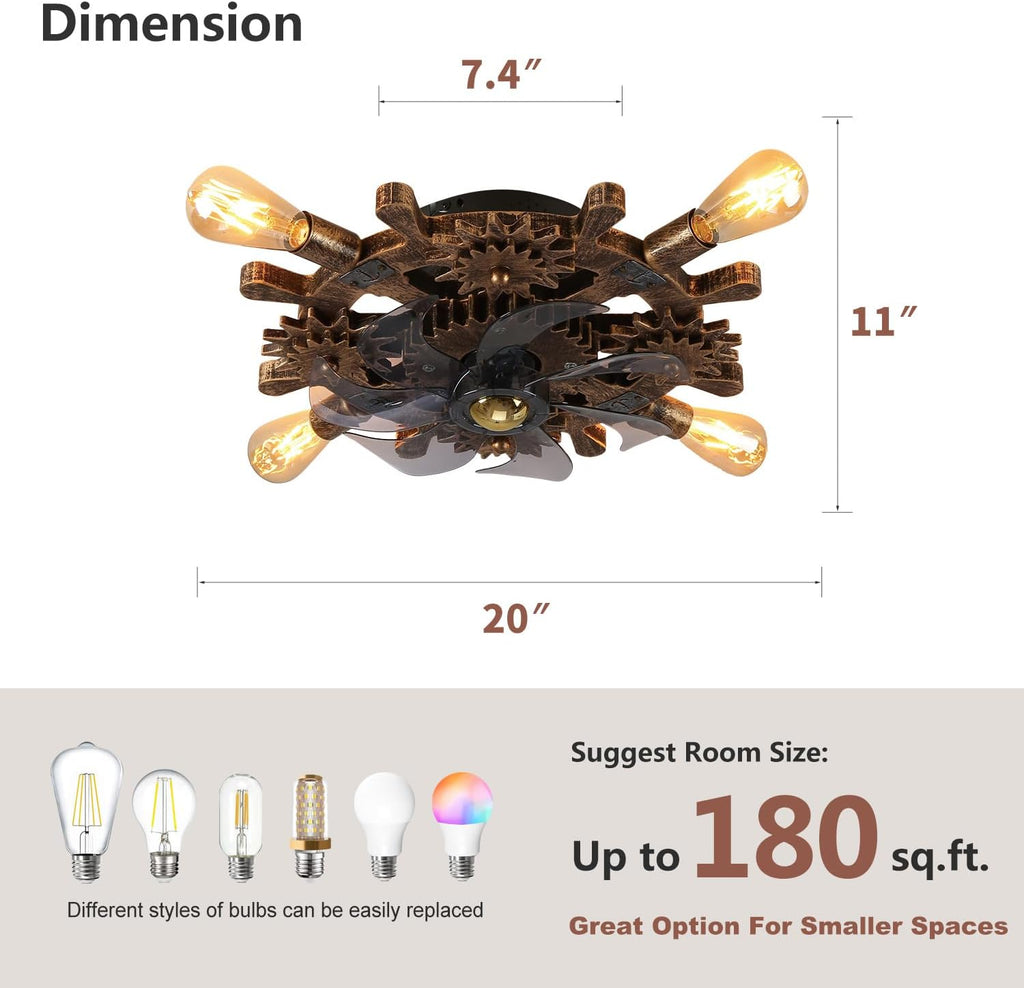 18.9' Vintage Industrial Small Ceiling Fans with Lights and Remote,Wooden Rudder Low Profile Fandelier Ceiling Fan with Light,Flush Mount Bladeless Ceiling Fan for Kitchen,Bedroom,Cafe Bar