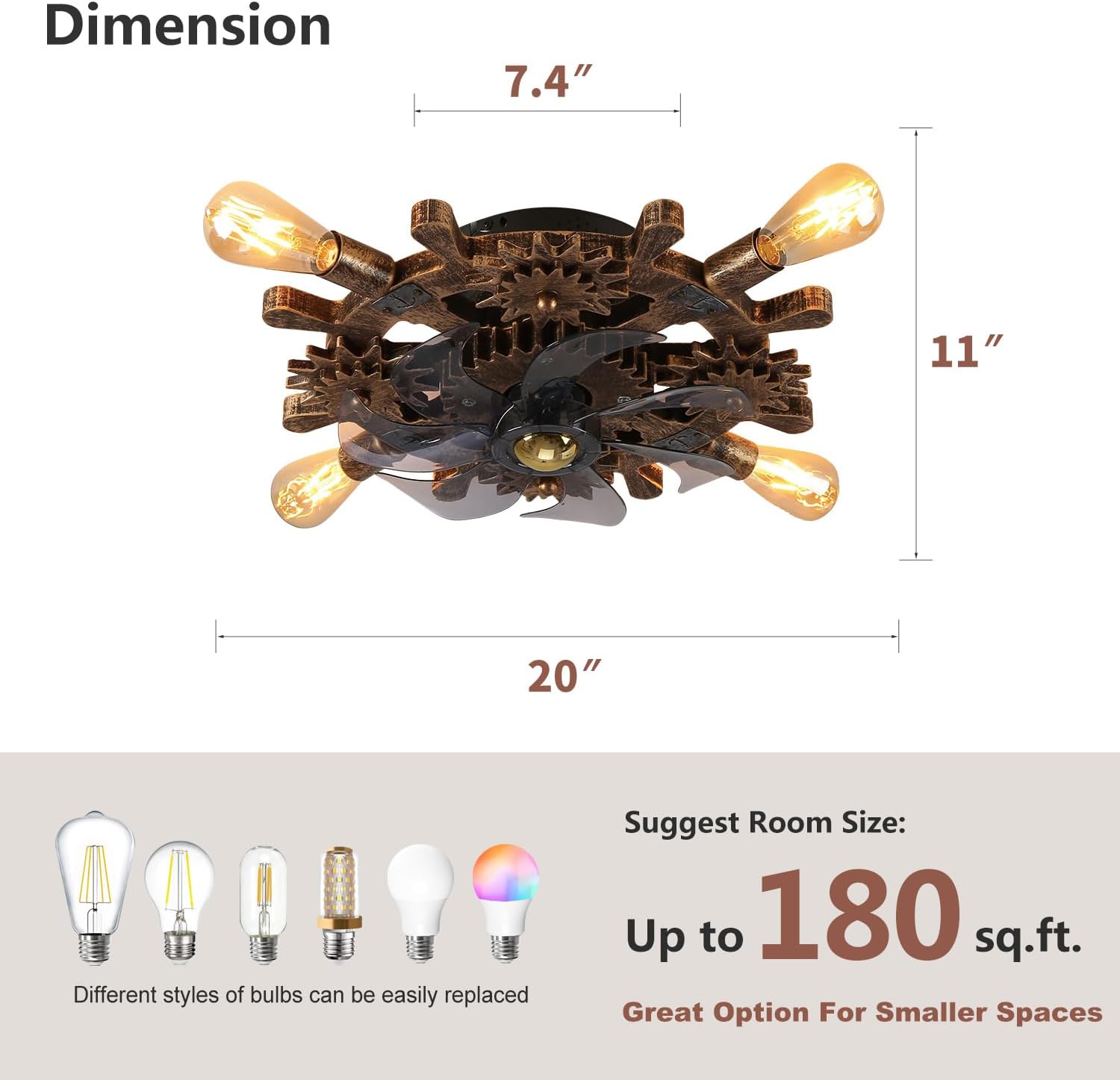 18.9' Vintage Industrial Small Ceiling Fans with Lights and Remote,Wooden Rudder Low Profile Fandelier Ceiling Fan with Light,Flush Mount Bladeless Ceiling Fan for Kitchen,Bedroom,Cafe Bar