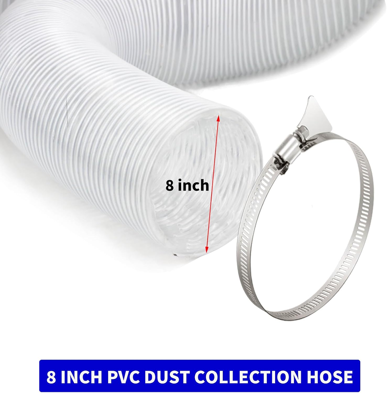 JUYO VONSAN 8 Inches Dust Collection Hose 10ft Flex Heavy Duty 8 In Clear PVC Dust Debris Collector Hose With Connector and Clamps (8'' X 10ft)