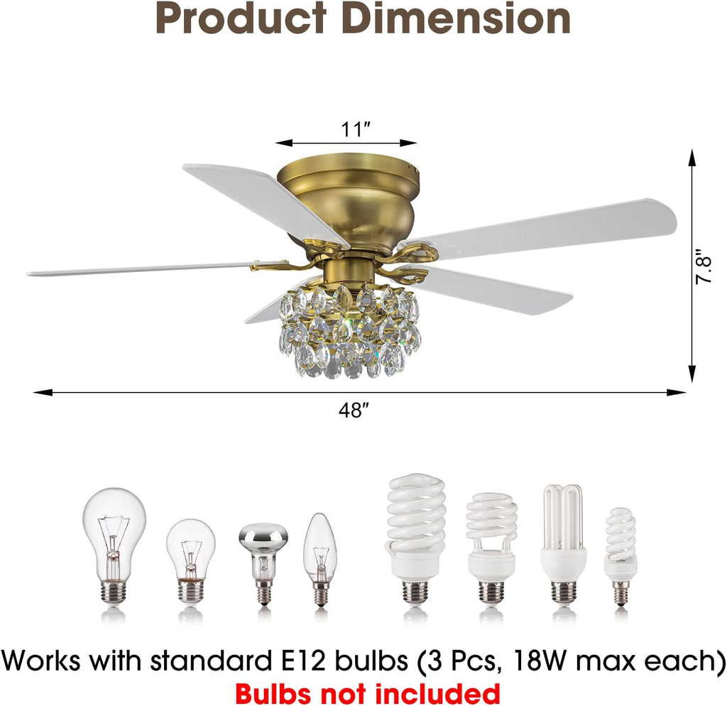 Parrot Uncle Crystal Ceiling Fan,48 Inch Gold Fandelier Chandelier Ceiling Fan with Remote,Low Profile Flush Mount,5 Reversible Blades, 3 Timers, Indoor Vintage Fandelier for Dining Room,Bedroom