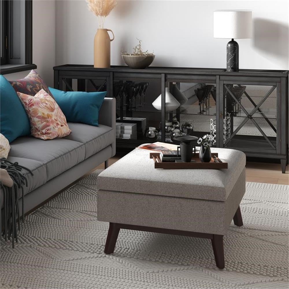 SIMPLIHOME Owen Coffee Table Storage Ottoman - 34' Wide x 19' High Upholstered Woven Fabric Rectangular Lift-Top Ottoman in Cloud Grey, Mid-Century Modern Bench for Living Room with Tapered Legs