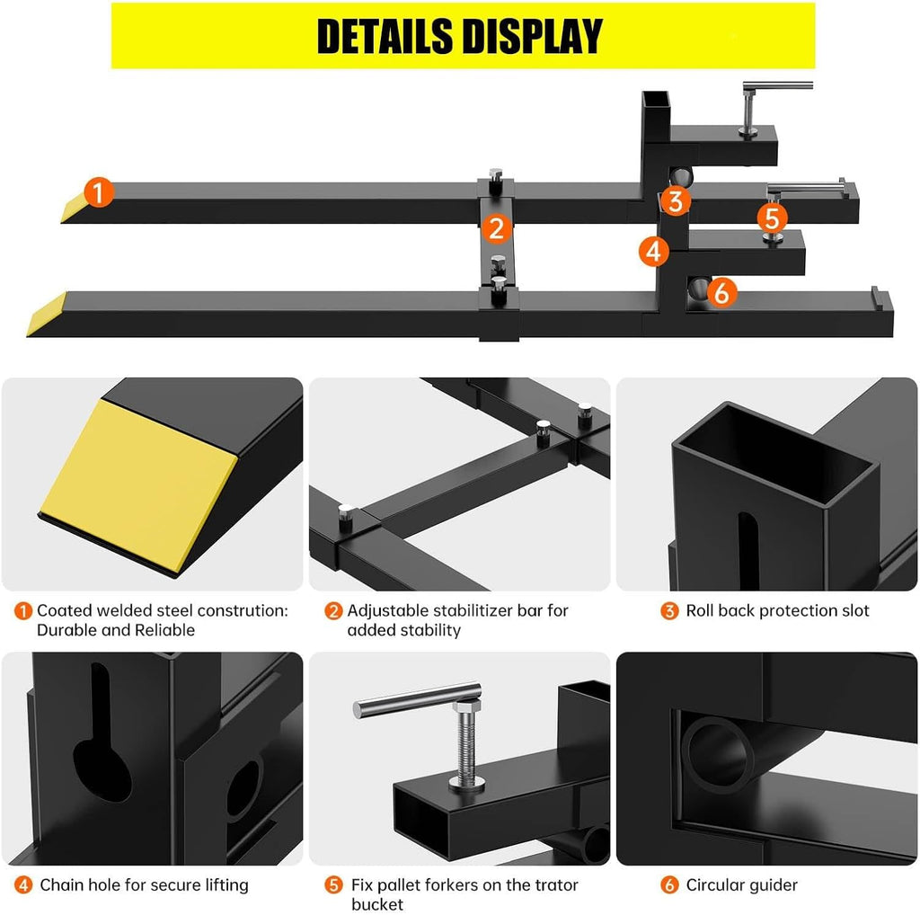 GarveeLife Pallet Forks 60 in 4000 LBS Max, Clamp On Tractor Bucket Forks With Adjustable Stabilizer Bar, Heavy Duty Front Loader Forks, Fork Attachment for Skid Steer, Loader Bucket