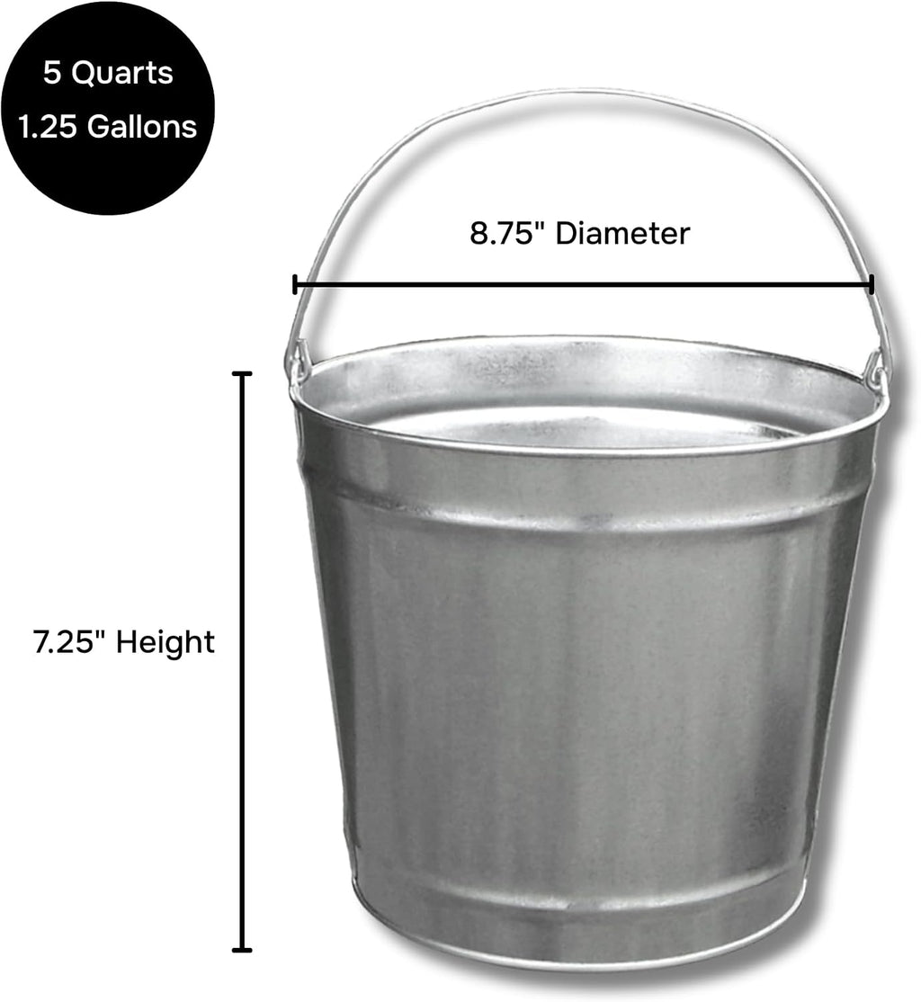 5 Quart (1.25 Gallons) Industrial Galvanized Metal Steel Pail Bucket with Handle, 7.25' Diameter | Great to use for Ice Buckets, Livestock, Gardening - 10 Pack