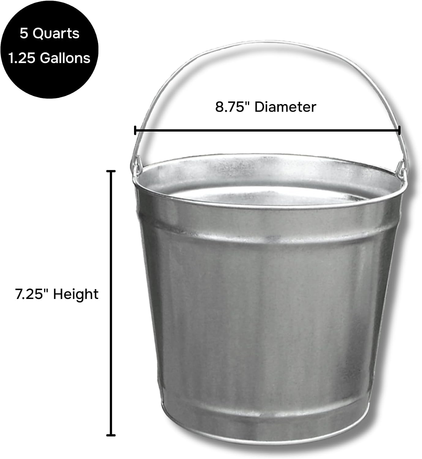 5 Quart (1.25 Gallons) Industrial Galvanized Metal Steel Pail Bucket with Handle, 7.25' Diameter | Great to use for Ice Buckets, Livestock, Gardening - 10 Pack