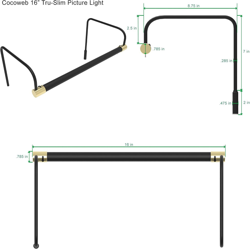Cocoweb 16 Inch Tru-Slim Black and Brass Picture Light - LED, 2700K, Adjustable Arm, Plug-in, Toggle Switch, Sleek and Compact Design