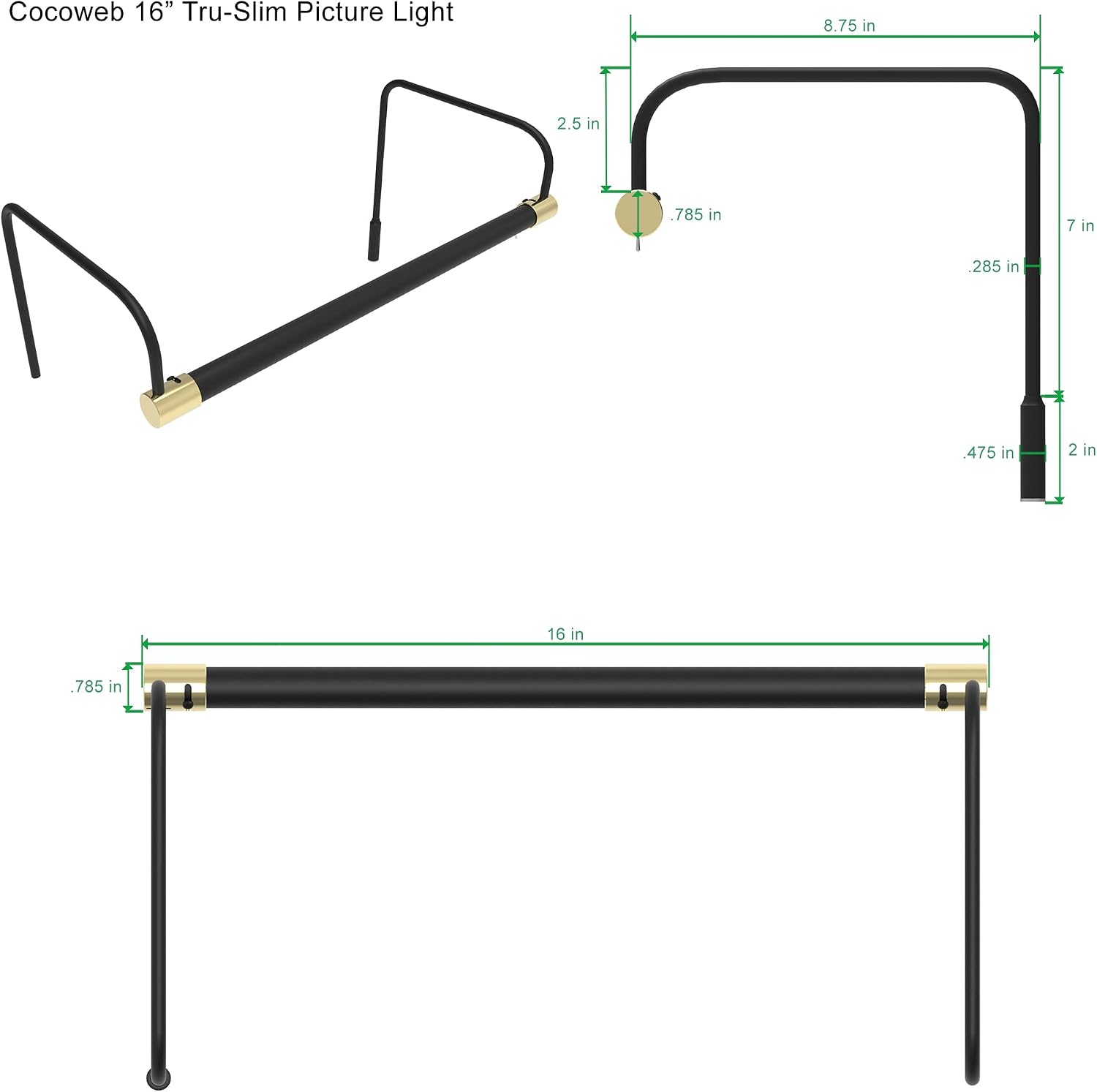 Cocoweb 16 Inch Tru-Slim Black and Brass Picture Light - LED, 2700K, Adjustable Arm, Plug-in, Toggle Switch, Sleek and Compact Design