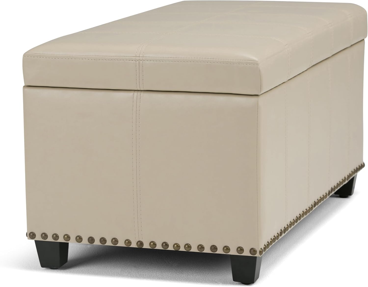 SIMPLIHOME Amelia Storage Ottoman - 33 inch Wide Vegan Leather Rectangle Storage Ottoman Bench in Satin Cream, Transitional Ottoman for Living Room with Nailhead Trim and Lift-Up Lid