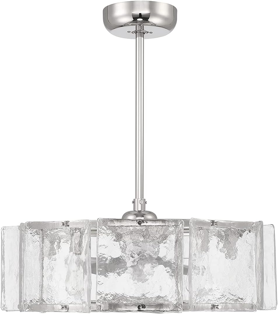 Savoy House 27-FD-8201-109 Genry Fandelier Coastal Clear Water Piastra Glass Drum Chandelier Ceiling Fan with Light and Remote, 5-Light 40 Total Watts, 17' H x 27' W, Polished Nickel