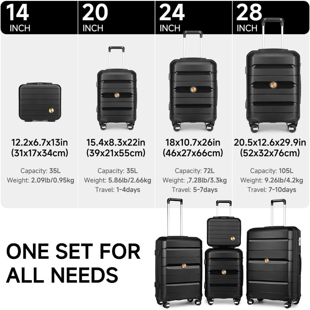 Somago Luggage Sets 4 Piece Lightweight Hardside Polypropylene Travel Suitcases with Double Spinner Wheels and TSA Lock,Classic Black
