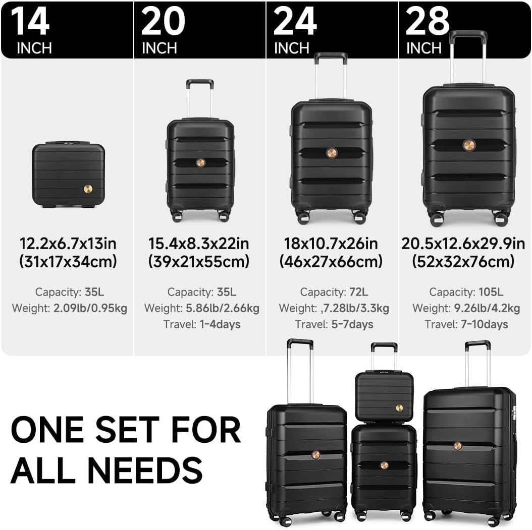Somago Luggage Sets 4 Piece Lightweight Hardside Polypropylene Travel Suitcases with Double Spinner Wheels and TSA Lock,Classic Black