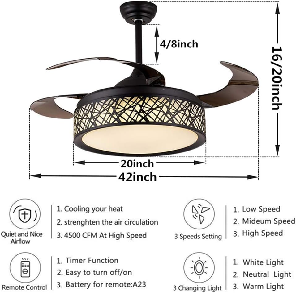 Fandian 42In Modern Ceiling Fan with Lights Remote Control Chandelier Lighting Fixtures Silent Retractable Blades, 3 Light Colors, Black Bird Nest Fandelier for Living Room, Bedroom