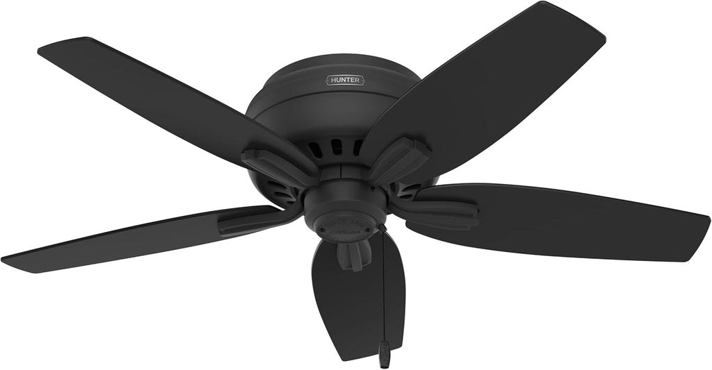 Hunter 42 inch Indoor Ceiling Fan with LED Lights - Black Ceiling Fan with Pull Chain, For Bedroom or Living Room, Low Profile Flush Mount, No Remote, 5 Blades - Newsome 52393, Matte Black