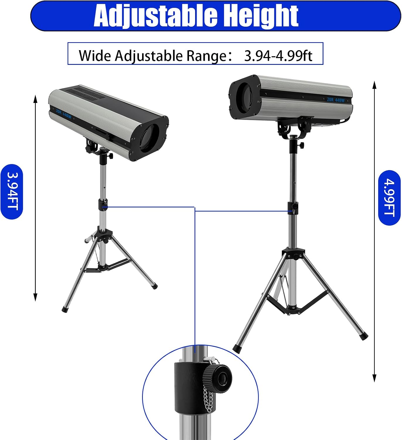 440W Stage Spotlight, 20R LED Spotlight Follow Spot Light, Stage Light Color Adjustable DJ Stage Spotlight with Stand, 3.94-4.99ft Height Adjustable, 23° Beam Angle, DMX & Manual Control