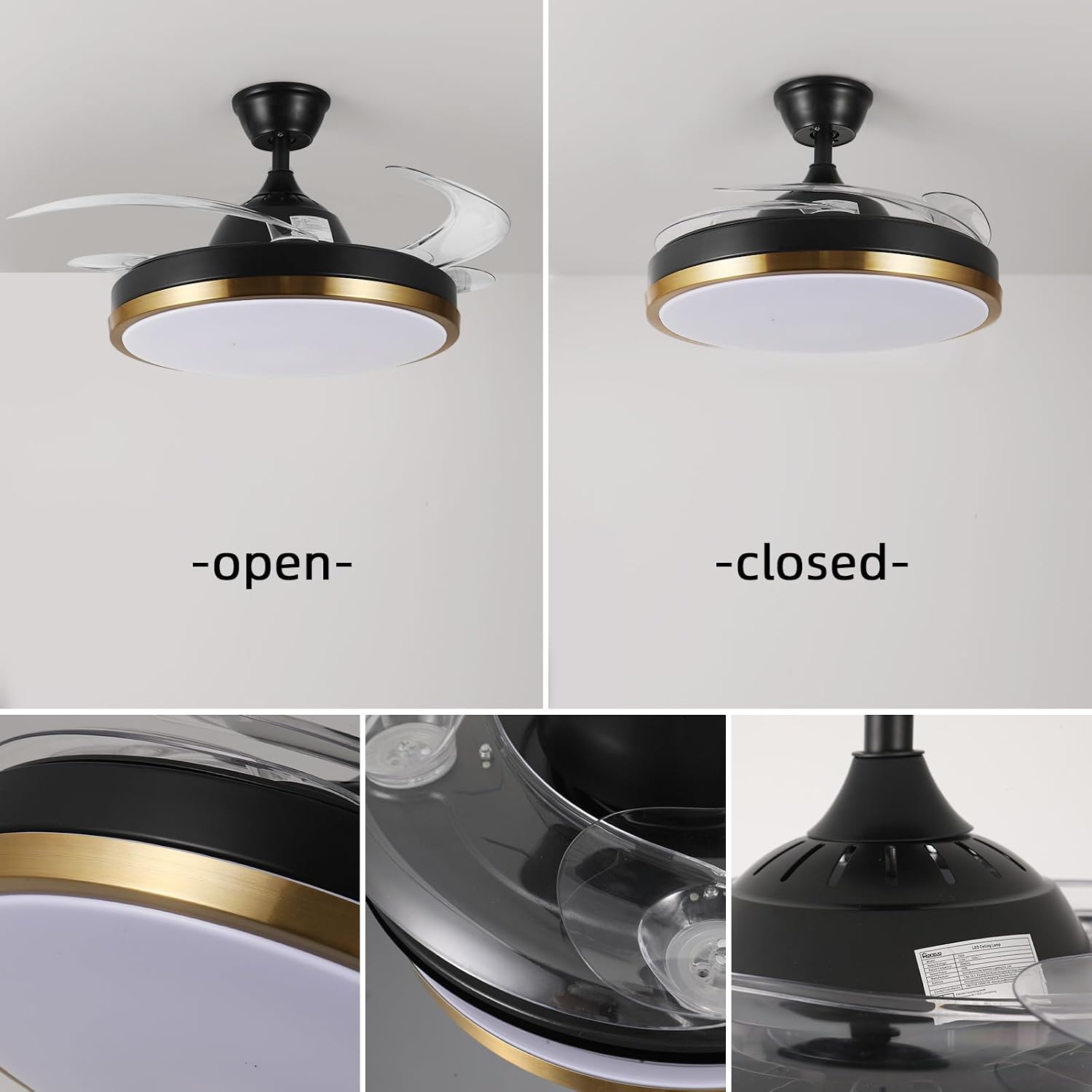 42' Retractable Ceiling Fan with Lights & Bluetooth Speaker Color Changing LED,Black and Gold, Alexa and Google App Control,Invisible Blades, Dimmable Fandelier Chandelier with Remote Control