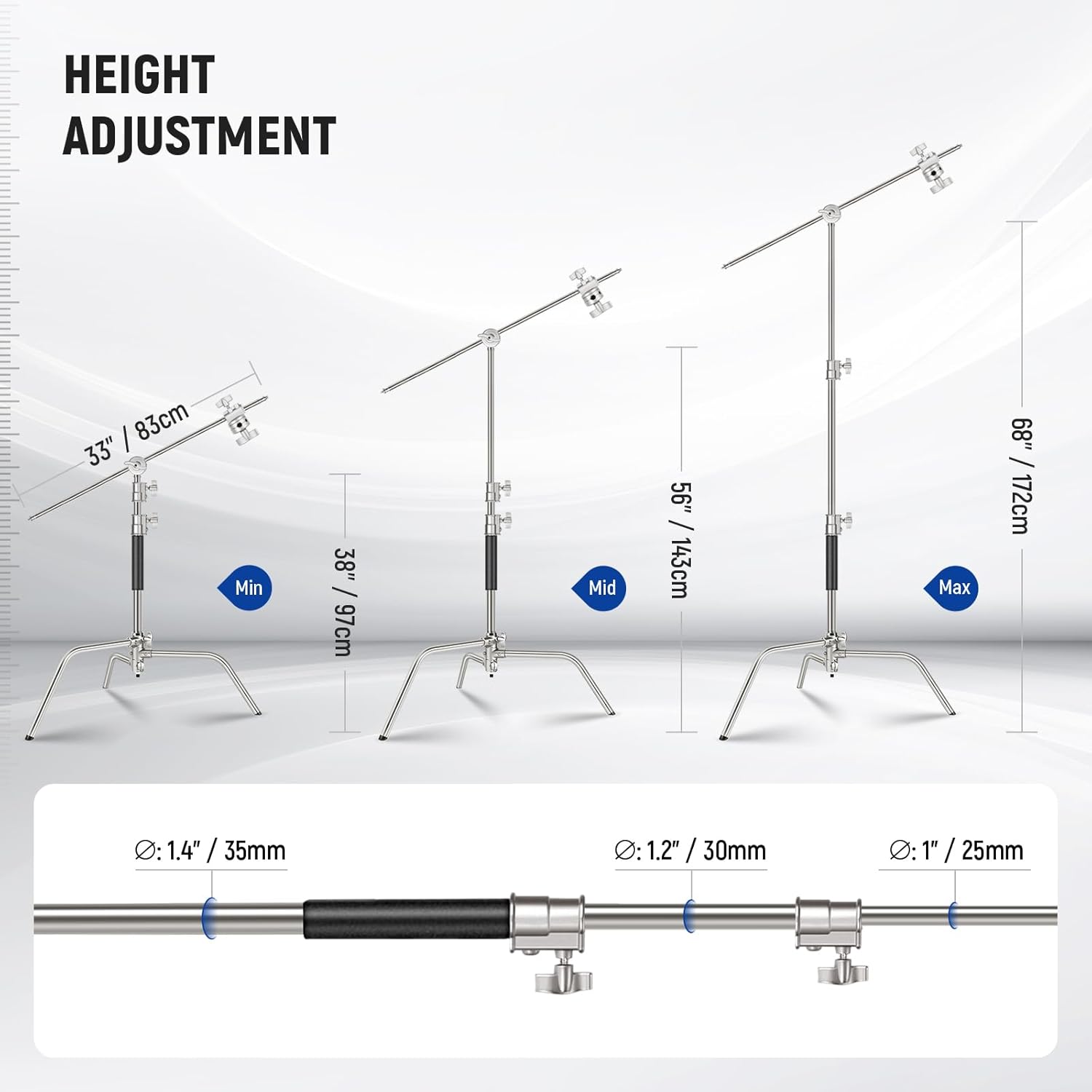 NEEWER Pro 100% Stainless Steel Heavy Duty C Stand with Boom Arm, Max Height 68'/172cm Photography Light Stand with 2.7ft/83cm Holding Arm, 2 Grip Head for Studio Monolight, Softbox, Reflector, SC172