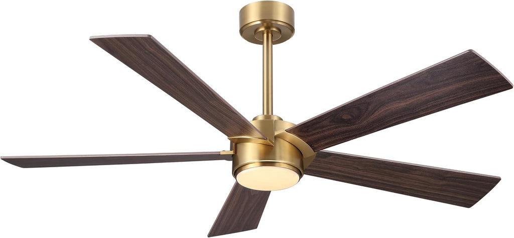 ELEHINSER 54' Ceiling Fan with Light and Remote Control, Modern Dimmable LED Light, 6-Speed Noiseless Reversible DC Motor, 5 Plywood Ceiling Fan for Kitchen Bedroom Living Room NAB Gold/Walnut