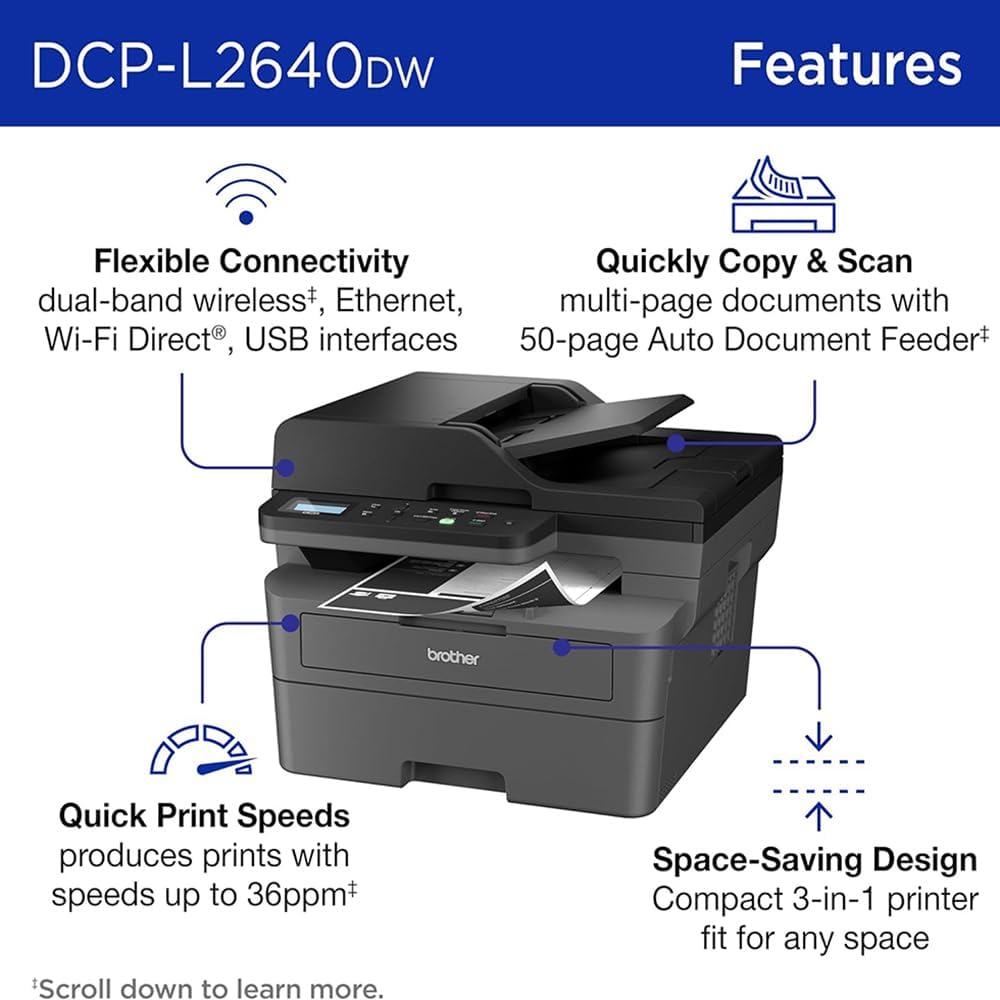 Brother Wireless DCP-L2640DW Compact Monochrome Multi-Function Laser Printer Bundle with 26‑Month Protection Plan, Printer Essentials Digital Download, 6FT HDMI Cable & 6FT USB Type‑A to Type‑B Cable