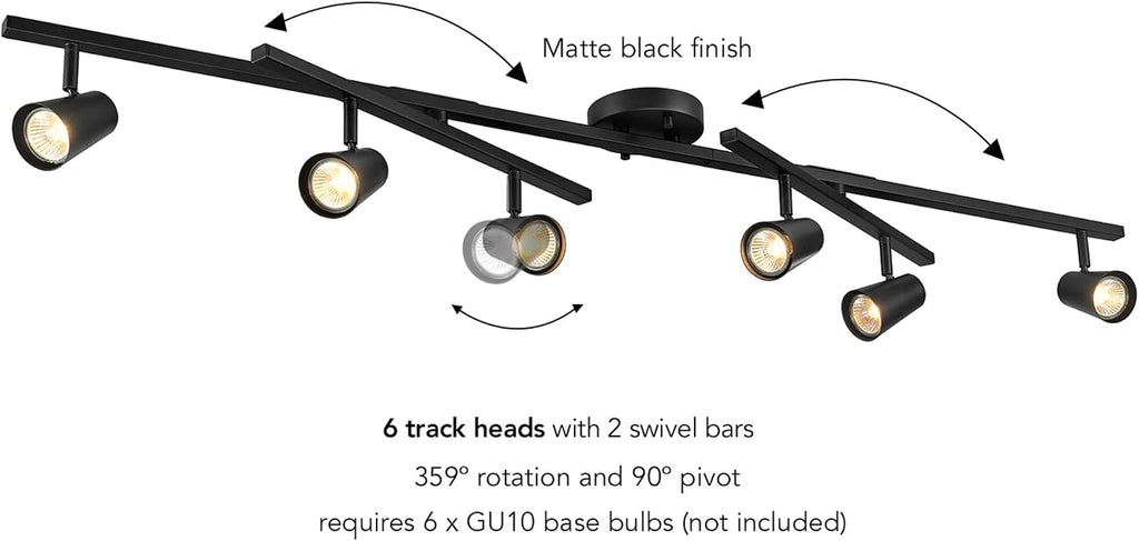 Globe Electric 64000169 51' 6-Light Adjustable Track Lighting, Matte Black, Center Swivel Bars, Pivoting Track Heads, Ceiling Light, Home Improvement