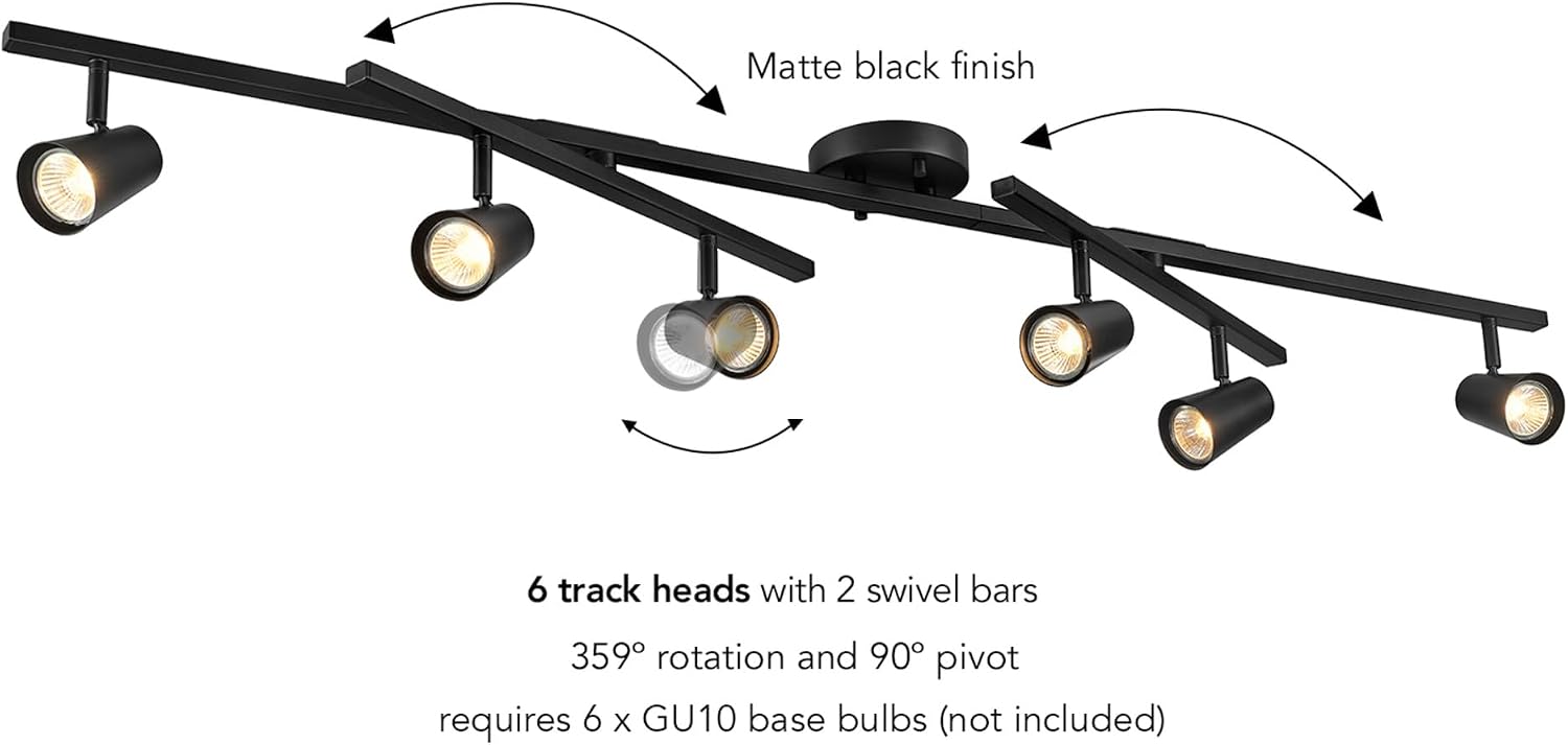 Globe Electric 64000169 51' 6-Light Adjustable Track Lighting, Matte Black, Center Swivel Bars, Pivoting Track Heads, Ceiling Light, Home Improvement