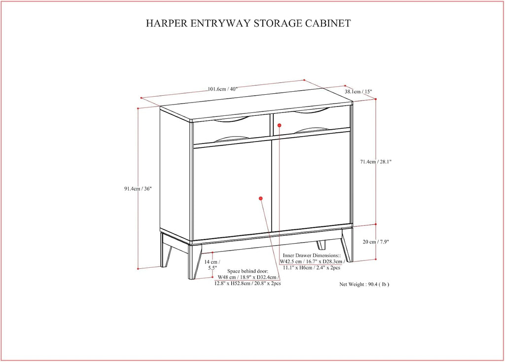 SIMPLIHOME Harper Storage Cabinet - 40 inch Wide Solid Wood Medium Storage Cabinet in Walnut Brown, Mid-Century Modern Cupboard for Entryway or Dining Room with Drawers, Tapered Legs, and Shelves