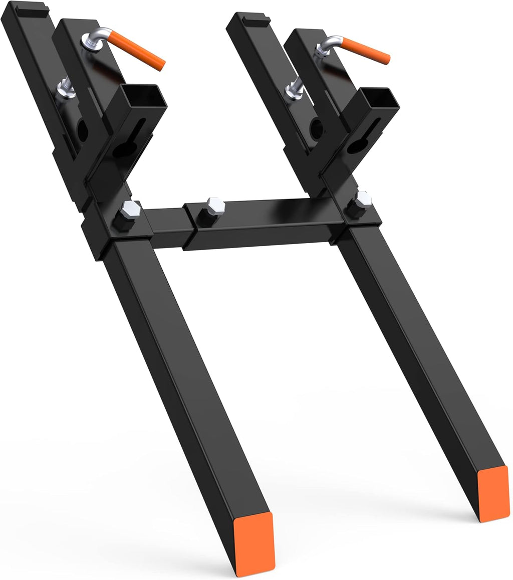 Heavy Duty Clamp-On Pallet Forks for Material Handling – 43' Forks, 2000 lbs Capacity, Quick Attach, Adjustable Stabilizer Bar, Fits Tractor Loader/Skid Steer – Black + Orange, 43' Fork Legs,