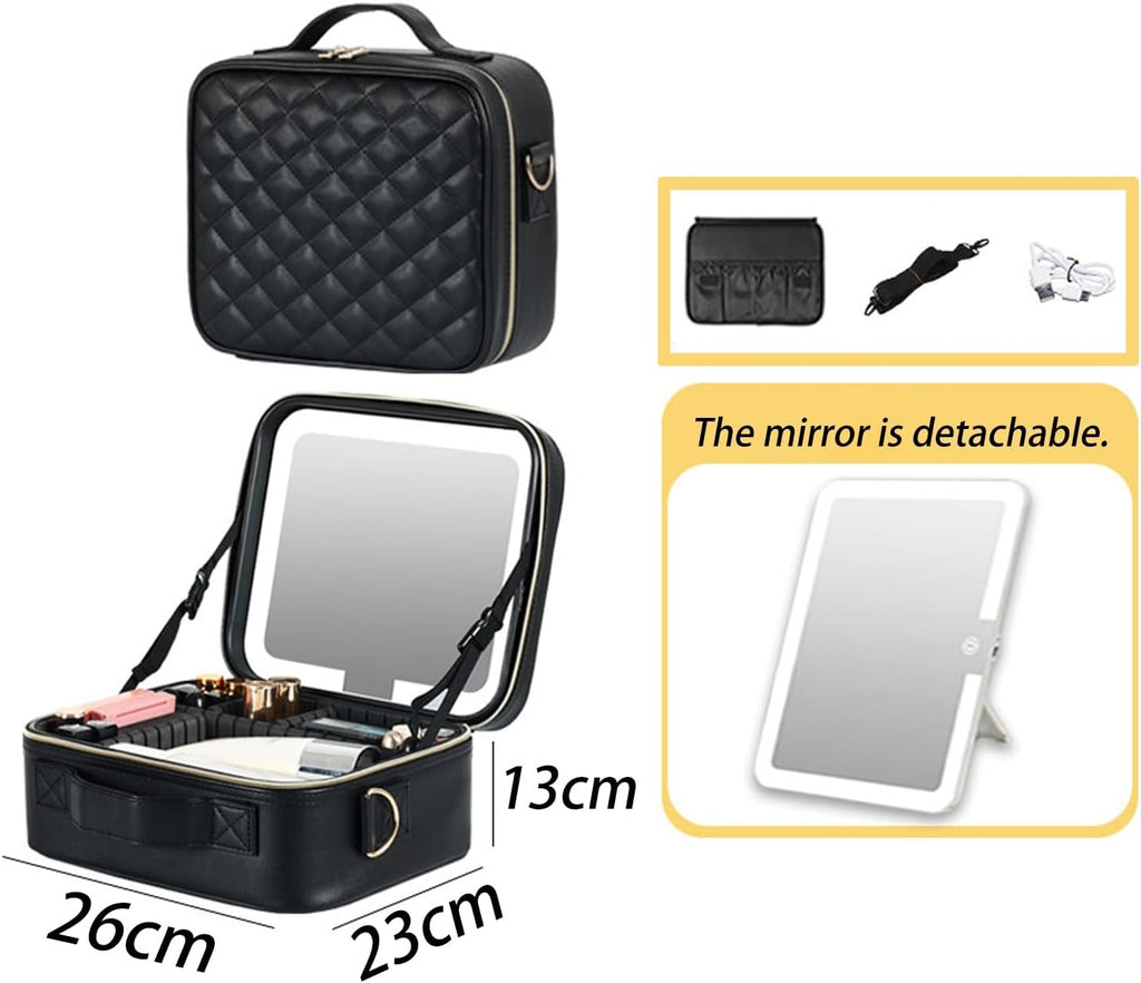 HJXGQJM Black Travel Makeup Bag with LED Mirror 3 Colors Modes, Portable Makeup Organiser with Adjustable Dividers Compartment, Light Up Vanity Case, Makeup Storage for Women