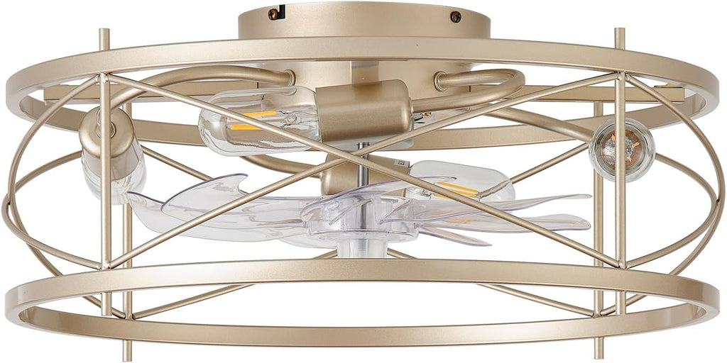 20' Gold Flush Mount Ceiling Fans with Lights, Gold Caged Ceiling Fans with Light and Remote, Bladeless Ceiling Fan with 6 Speeds for Bedroom, Living Room, Nursery