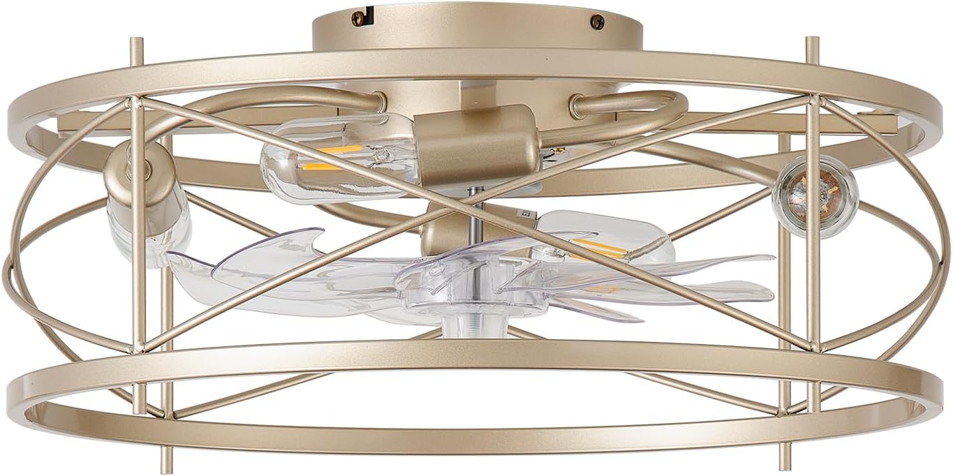 20' Gold Flush Mount Ceiling Fans with Lights, Gold Caged Ceiling Fans with Light and Remote, Bladeless Ceiling Fan with 6 Speeds for Bedroom, Living Room, Nursery