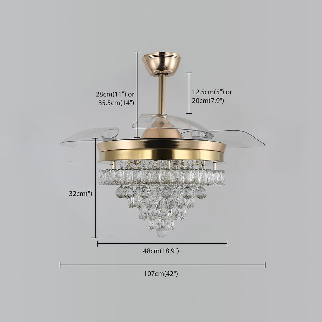Finktonglan 42' Crystal Gold Flush Mount Ceiling Fan with Light, Retractable Blades Fandelier, Dimmable 60W LED, Remote & App Control, Quiet Reversible Motor, 6 Speeds for Bedroom/Living Room