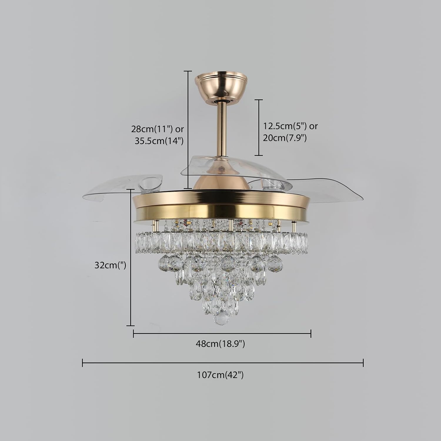 Finktonglan 42' Crystal Gold Flush Mount Ceiling Fan with Light, Retractable Blades Fandelier, Dimmable 60W LED, Remote & App Control, Quiet Reversible Motor, 6 Speeds for Bedroom/Living Room
