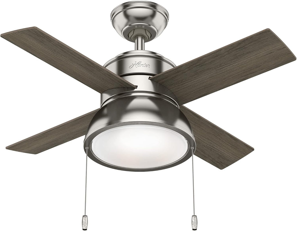 Hunter 36 inch Small Indoor Ceiling Fan with LED Light and Pull Chain - Standard Mount Ceiling Fan, 4 Blades, For Bedroom, Home Office, or Laundry Room, Quiet - Loki 51040, Brushed Nickel