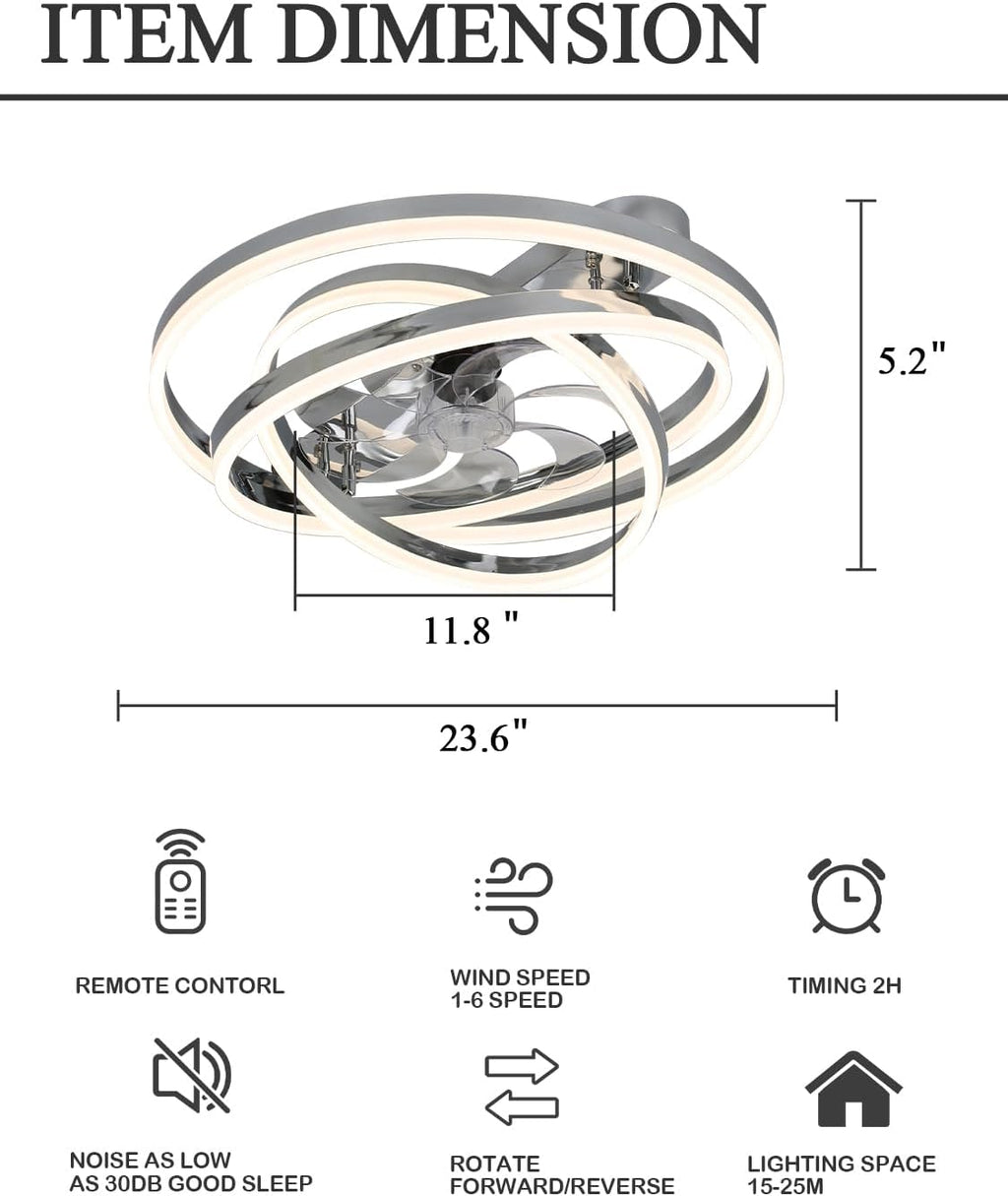 Dawn Whisper Ceiling Fans with Lights, 24' Modern Flush Mount Ceiling Fan with Lights,Low Profile Ceiling Fan with Light for Bedroom,Kids Room Silver