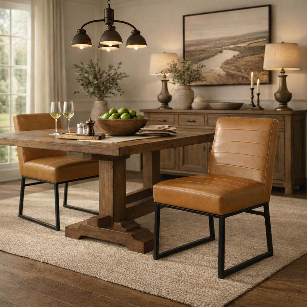 HomePop Channeled Metal Dining Chair - Caramel Brown Faux Leather (Single Pack)