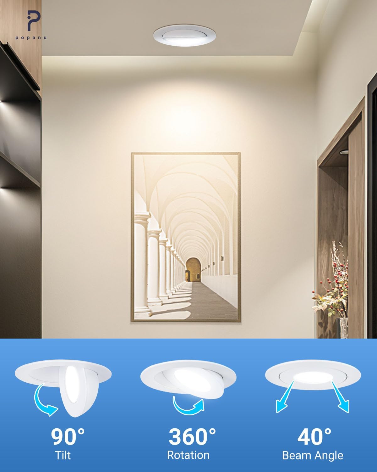 POPANU 4 inch LED Gimbal Recessed Light, 9W 750lm Eyeball Sloped Ceiling Task Lighting, Soffit Wafer Indoor Directional Lighting, 90° Tilt and 360° Rotation Recessed Lighting 4 inch White 12Pack