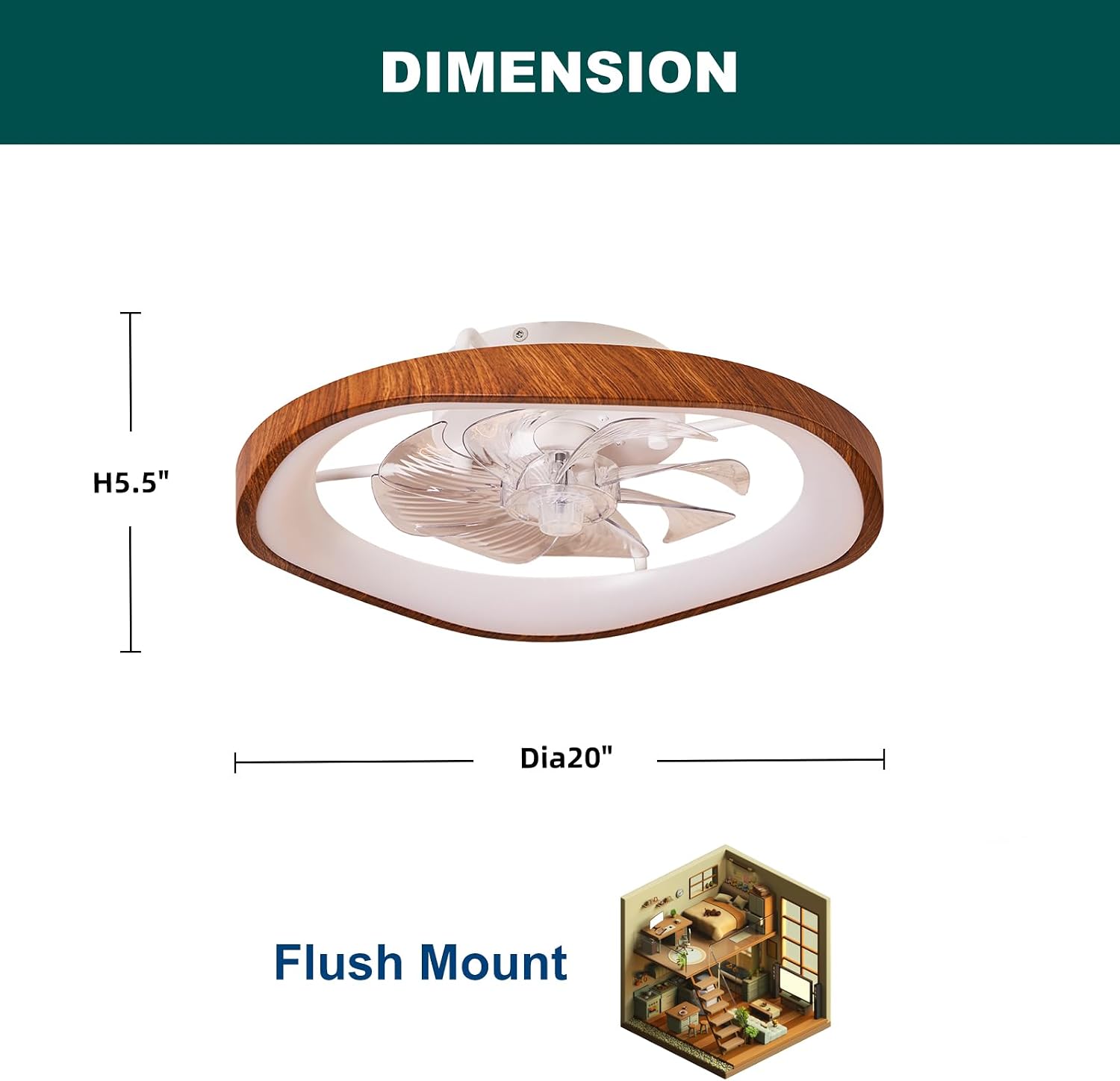 20″ Low Profile Ceiling Fan with Lights, Farmhouse Retro Walnut Wood Grain Ceiling Fan Light, Bladeless Dimmable LED Chandelier Fans for Bedroom Porch