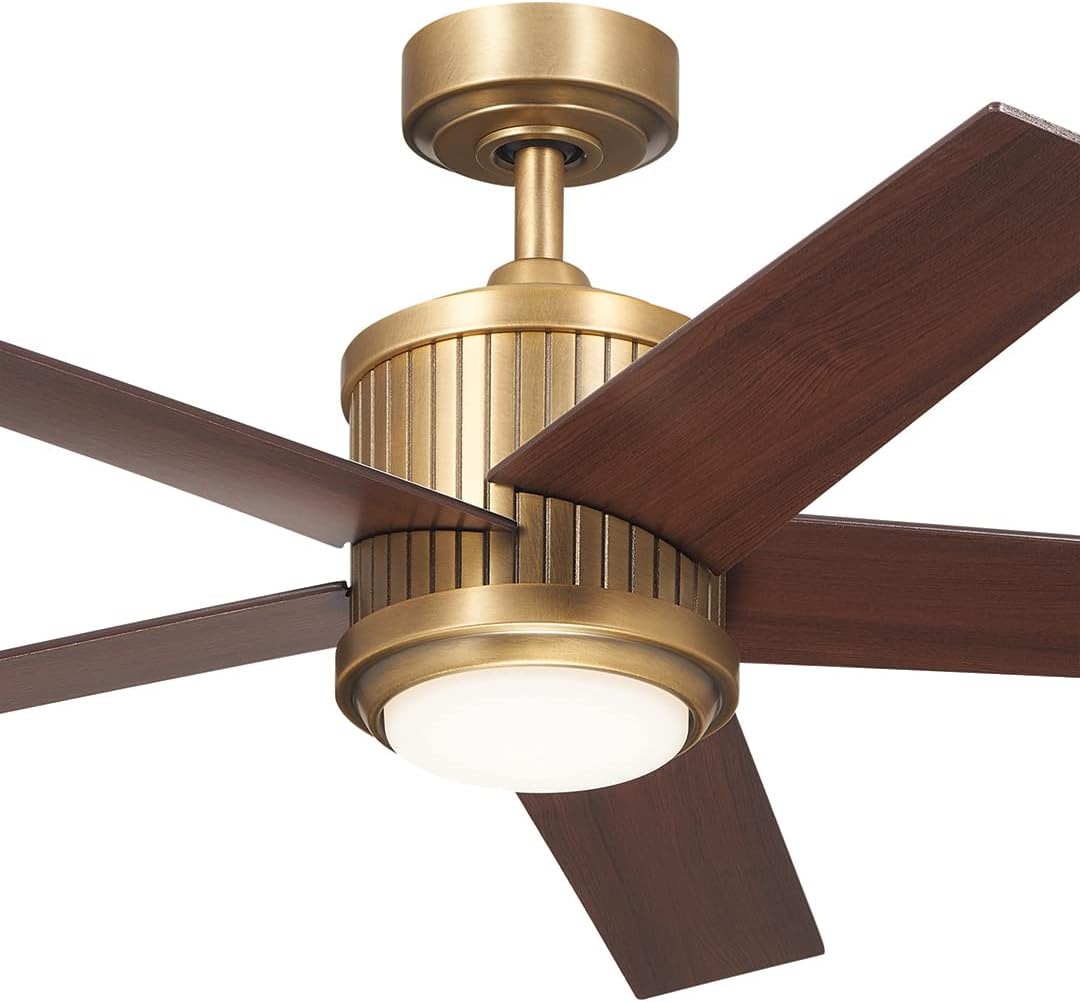 Kichler Brahm 48 in Indoor Ceiling Fan with LED Light, 3-Speed AC Motor with Reversible Blades and Handheld Remote in Natural Brass, for Living Room, Dining Room, Kitchen and Bedroom, 300048NBR