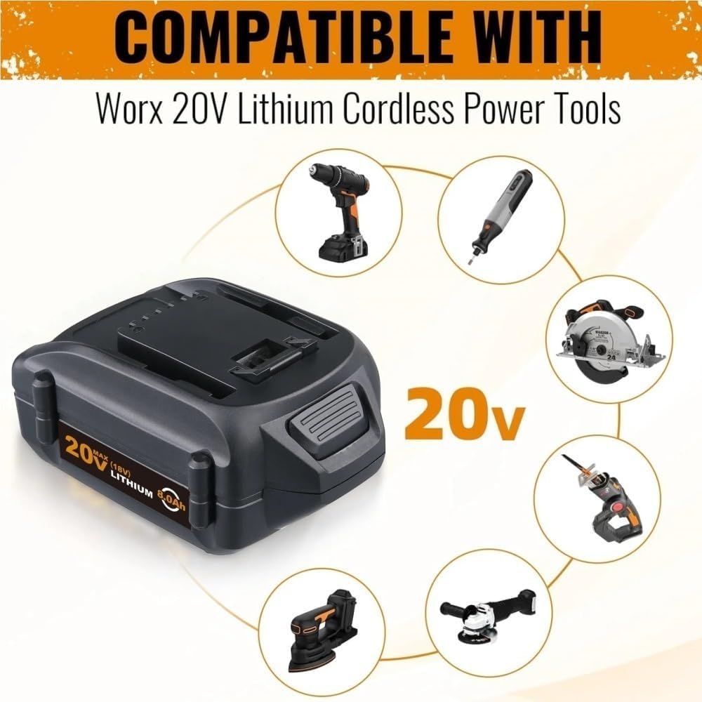 20V Replacement Lithium-Ion Battery Compatible With Worx WA3520 WG151 WA3575 WA3512 Cordless Power Drill Angle Grinder Reciprocating Saw Tool Packs(2PCS 8.0Ah)