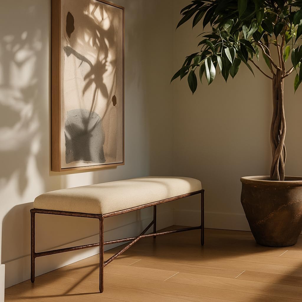 Meridian Furniture 22066Beige Valley Collection Modern | Contemporary Bench with Soft Beige Chenille Fabric, Brushed Bronze Forged Iron Metal Legs and Frame, 54' W x 18' D x 18' H, Beige