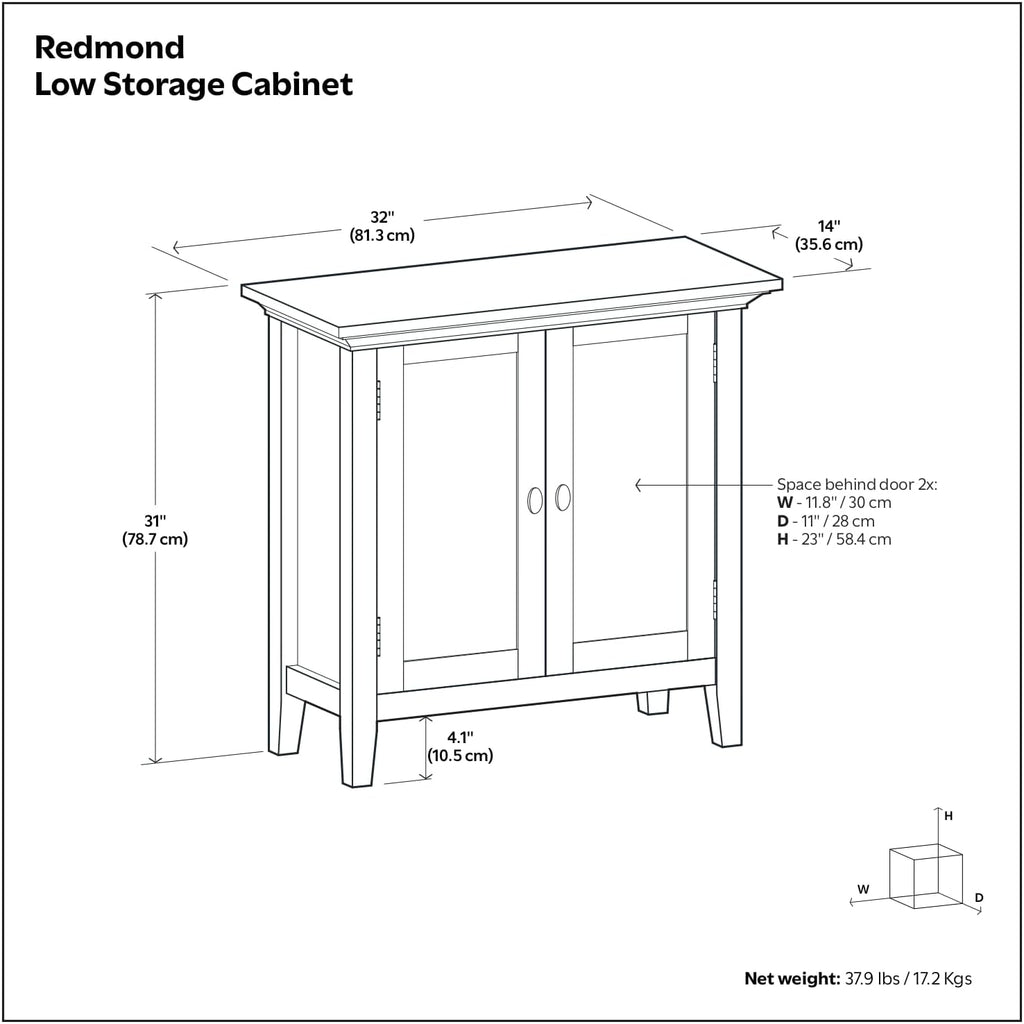 SIMPLIHOME Redmond Storage Cabinet - 32 inch Wide Solid Wood 2-Shelf Low Storage Cabinet in White, Transitional Accent Cabinet for Entryway with Adjustable Shelves and Tapered Legs