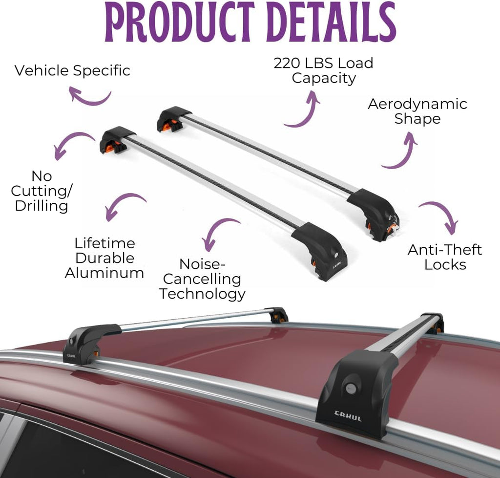 ERKUL Heavy Duty Roof Rack Cross Bars for Buick Envision 2021-2026 | Upgraded Aero Aluminum Crossbars with Smart Clamp System | Compatible with Flush Rails - Silver