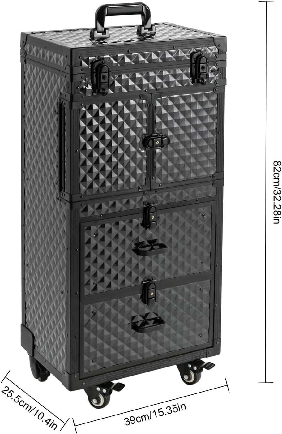 Rolling Makeup Train Case, Aluminum Cosmetic Organizer Box Rolling Lockable Makeup Case with 4 Universal Wheels Large Professional Cosmetology Case Multi-Functional Cosmetic Train Case Black