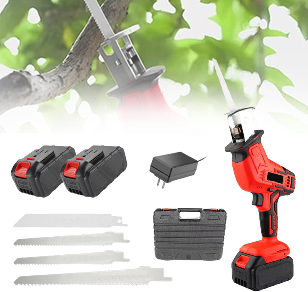 Cordless Reciprocating Saw, Electric Meat Saw, With 4 Removable Saw Blades and 2 3000mah Battery, Stroke Speed 2000/Min, Suitable for Cutting Metal, Wood, Etc.