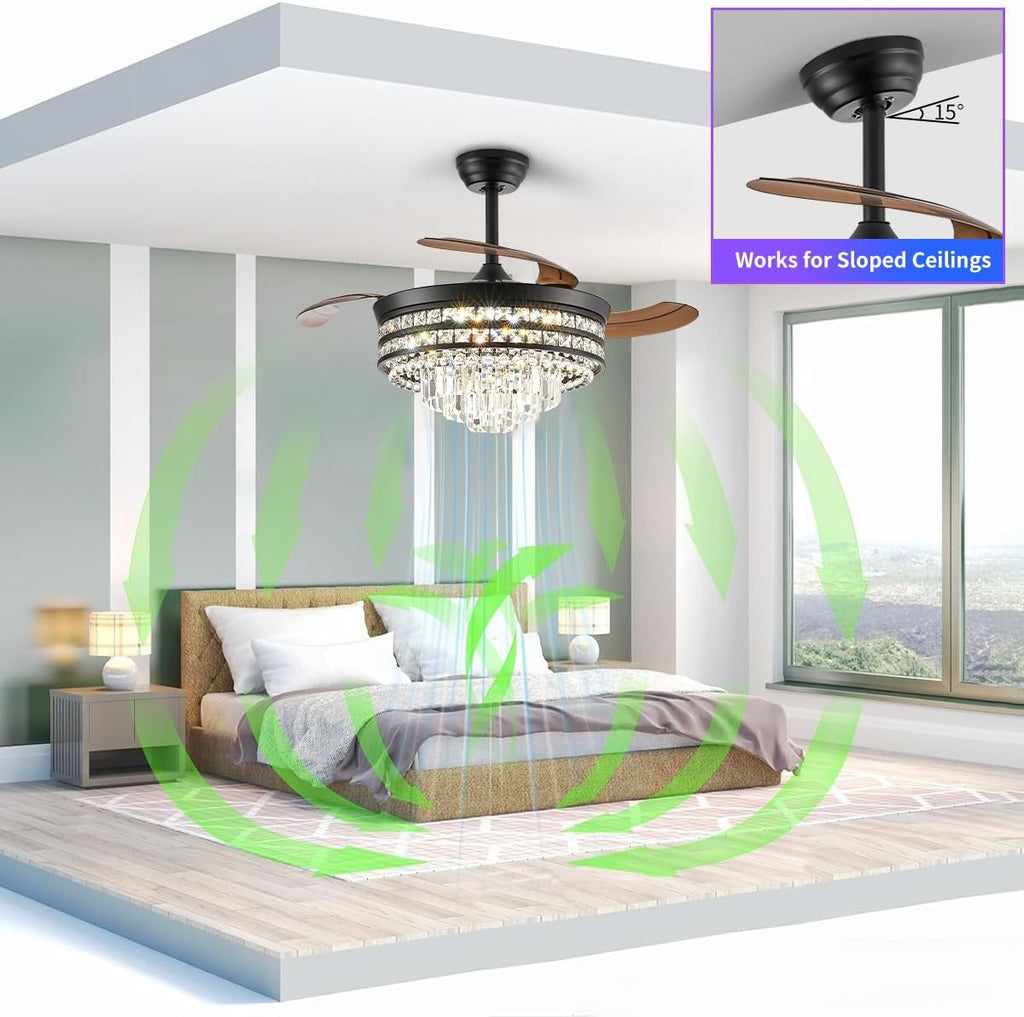 RGB Retractable Fandelier Ceiling Fans with Light and Remote/App, 42' Modern Crystal LED Chandelier Fan, Bladeless Lighting & Ceiling Fans Bedroom, Kitchen | Ventilador de Techo Con Luz, Black