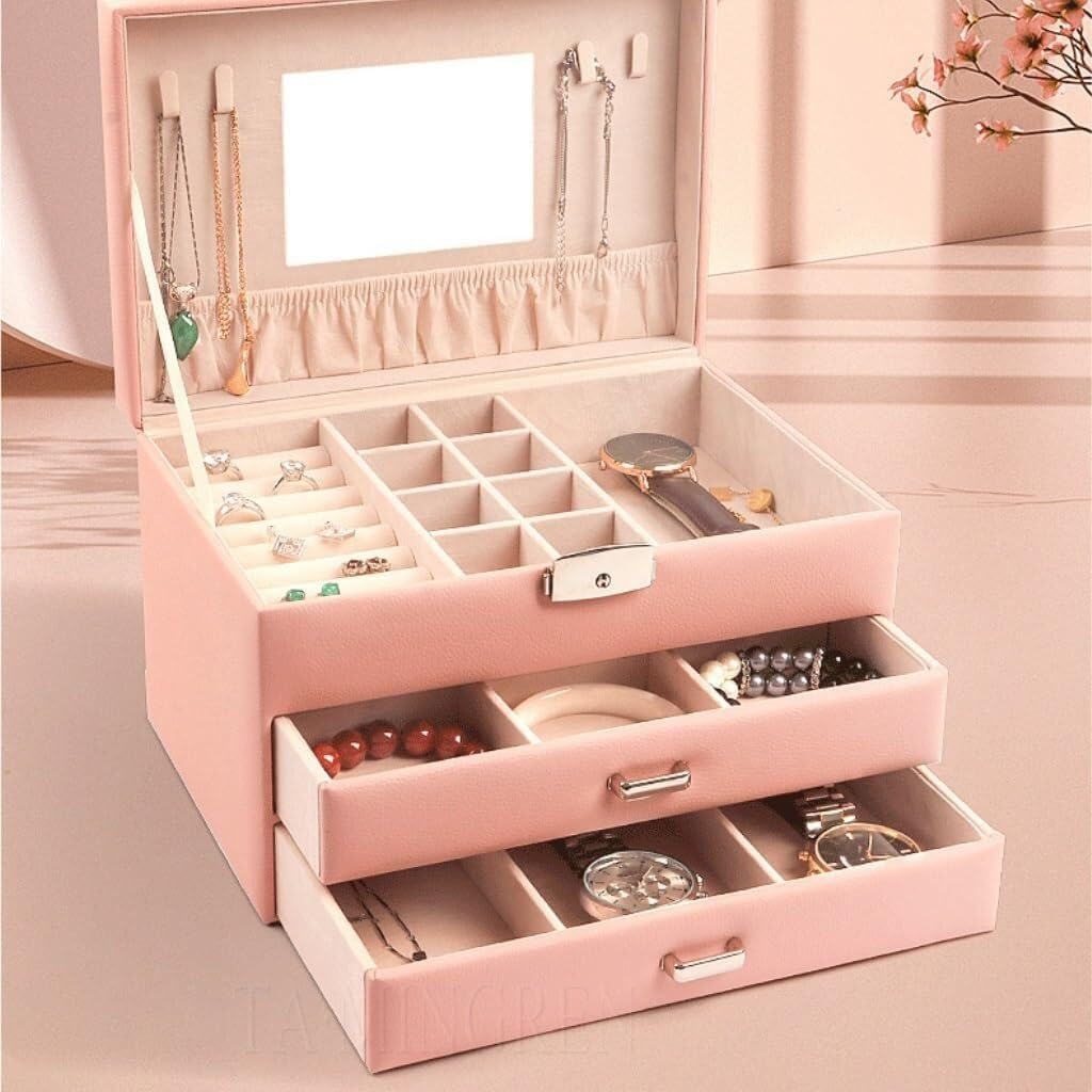 Jewelry Boxes for Women Three Layer PU Leather Jewelry Box Jewelry Storage Box Jewelry Suitcase Drawer Type Jewelry Packaging Box Jewelry Organizer for Bedroom Bathroom Cloakroom Vanity