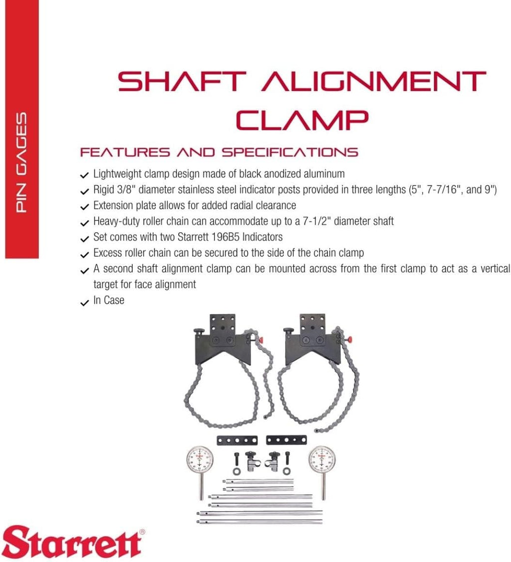 Starrett Shaft Alignment Chain Clamp Set with Case - 196B5 Indicator, PT18724 Snug, Extension Plate, Posts (5', 7-7/16', 9') - S668CZ