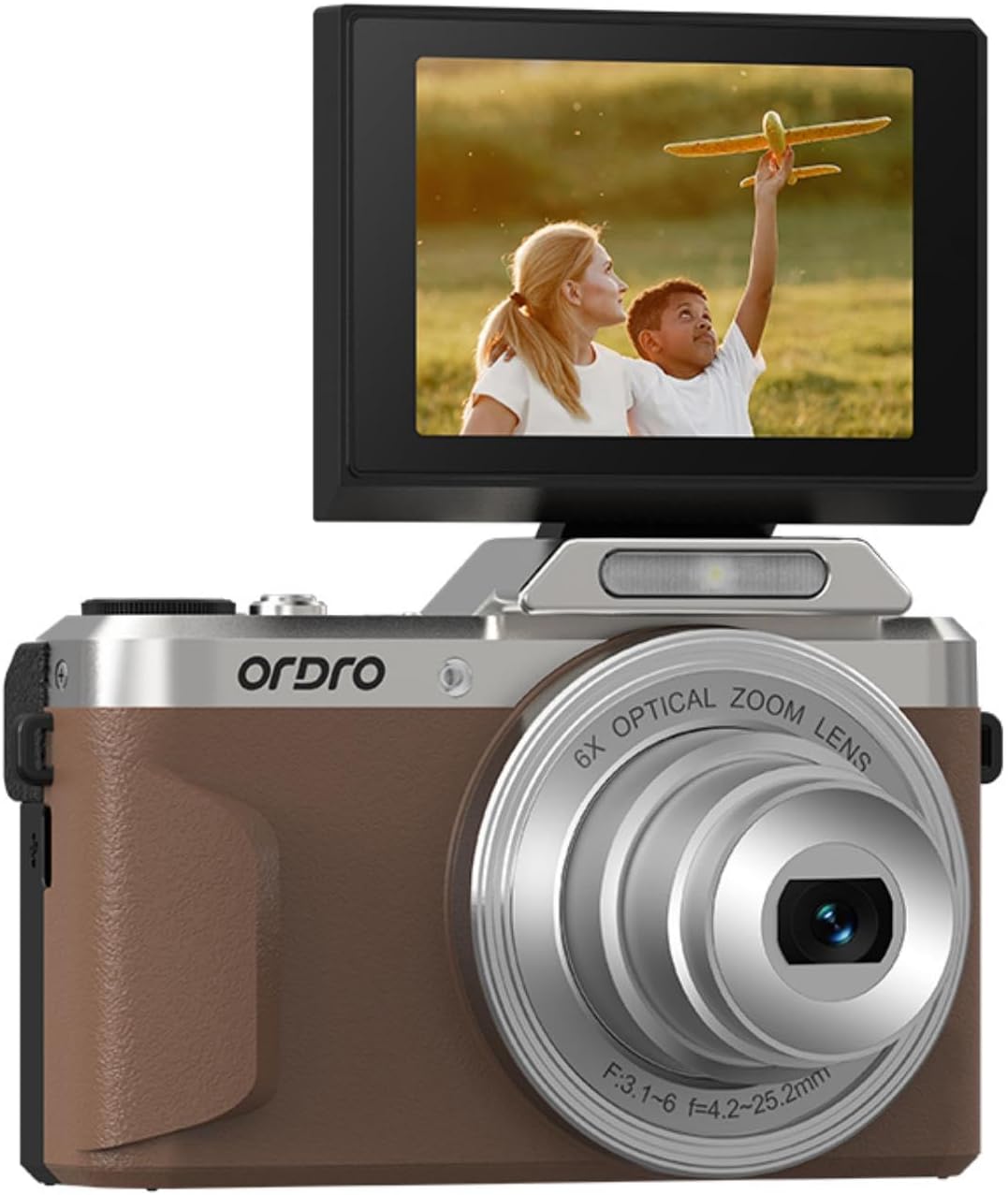 ORDRO Digital Camera, 4K Compact Camera, 6X Optical Zoom, 8MP Sensor, 2.8' 180° Flip Screen, Built-in Flash, WiFi, Suitable for Kids Teens Beginners