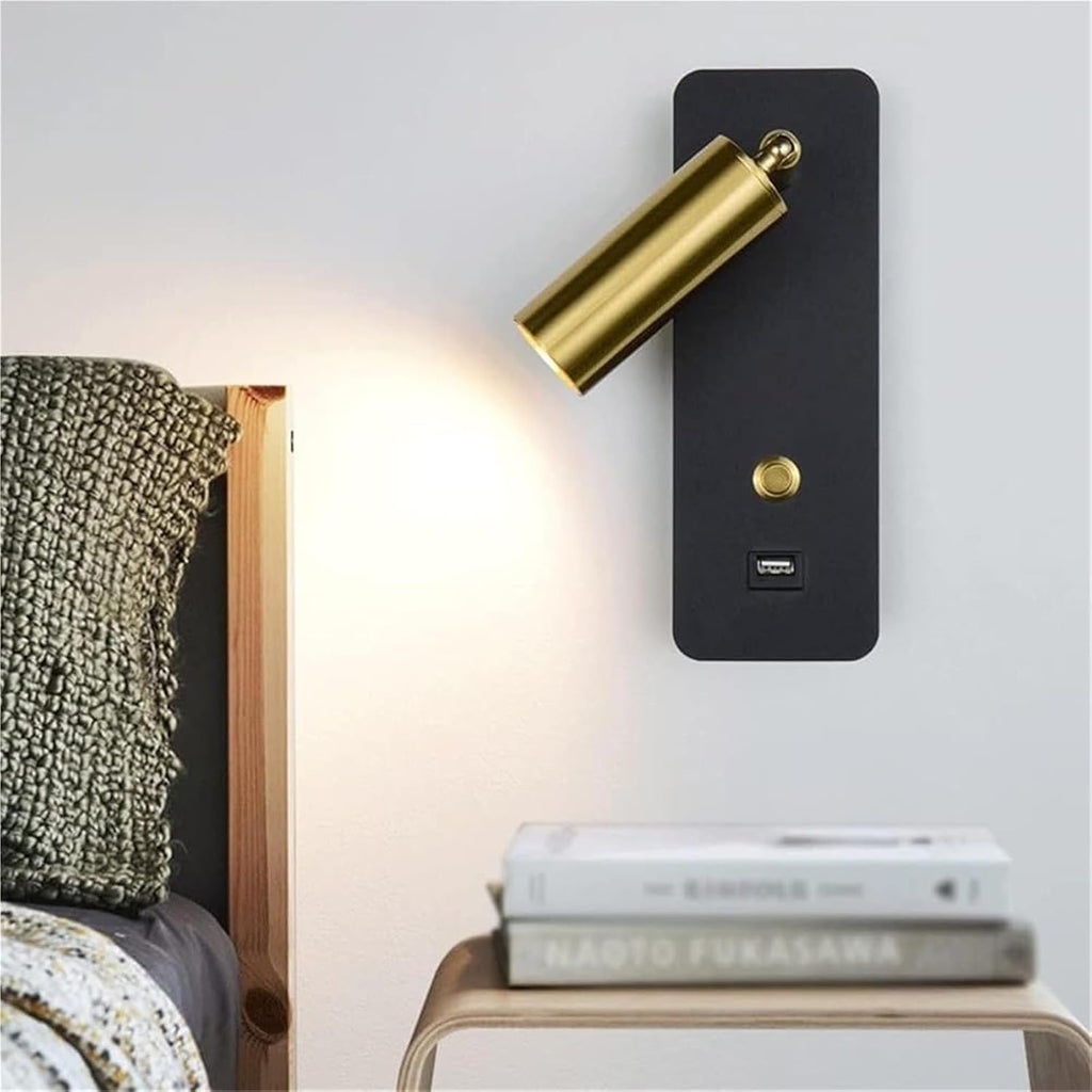 LED Bedside Reading Light Rotatable Indoor Spotlight Modern Wall Lamp with USB Charging Port Push Button Switch 7W Wall Mounted Light for Bedroom Living Room Hotel Hallway